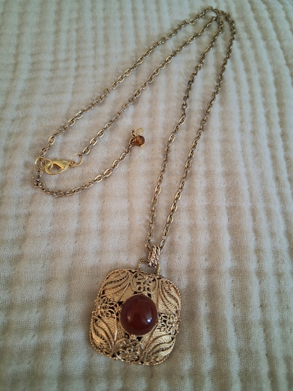 925 Sterling With Gold Tone Filigree Pendant Necklace With Brown Gemstone Center